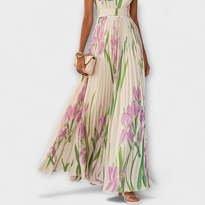 Penelope | Vestido Maxi de Chiffón con Flores Dobladas