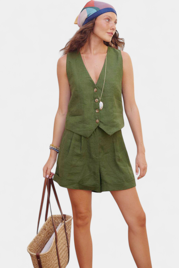 Jennifer | Conjunto Chaleco y Pantalones Cortos de Lino Algodón