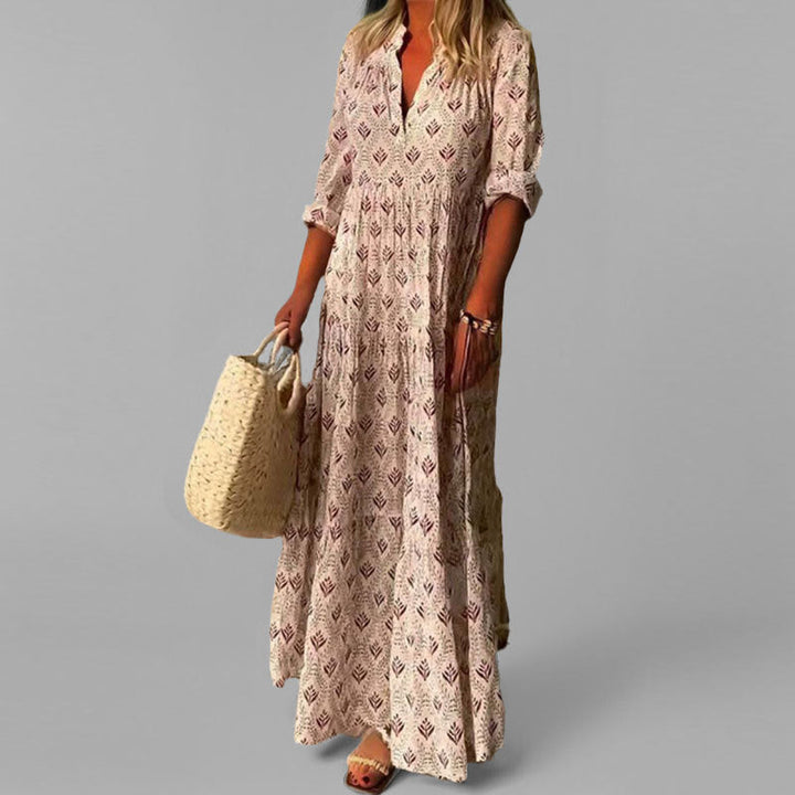 Eduarda | Vestido Largo Vintage con Escote en V y Estampado Suave