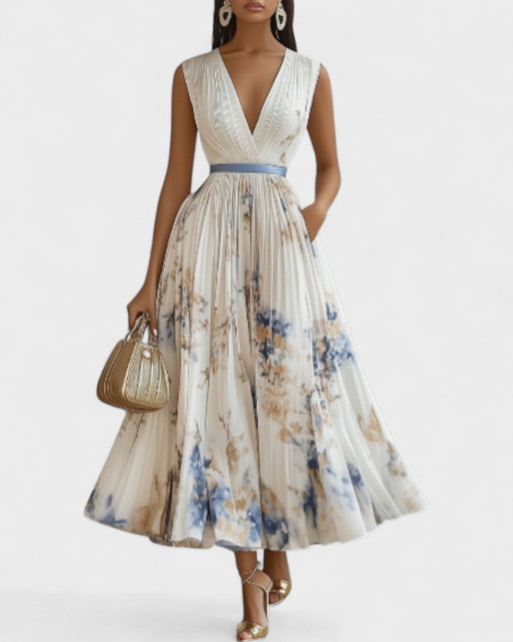 Jessie | Vestido Elegante de Ceremonia Floral en Azul y Blanco
