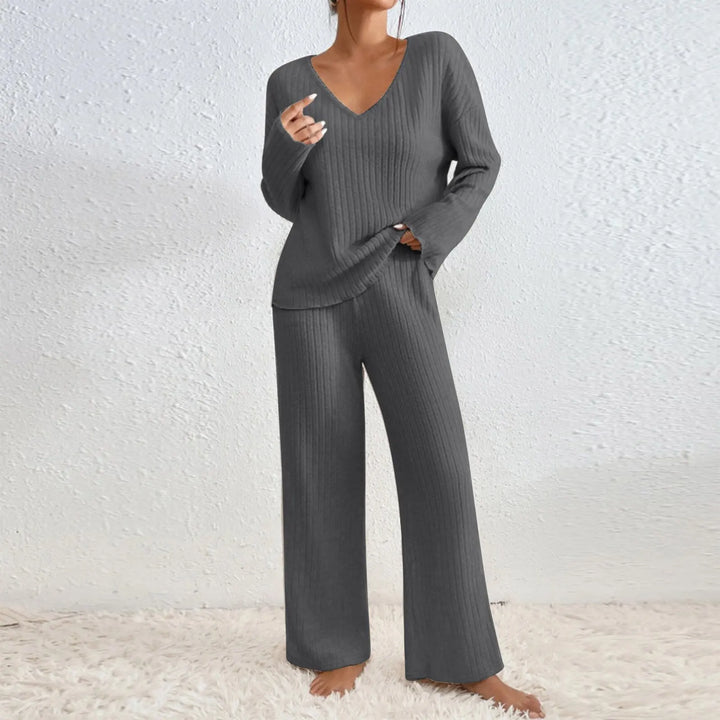 Zavelli | Conjunto completo de dos piezas con pantalones y top con escote en V