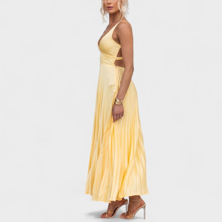 Aby | Vestido largo plisado amarillo con escote en V
