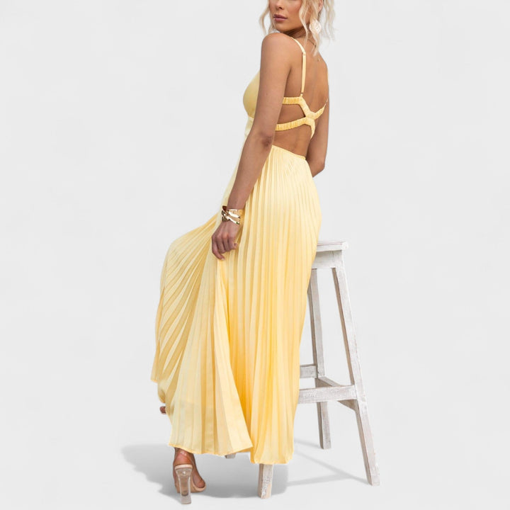 Aby | Vestido largo plisado amarillo con escote en V