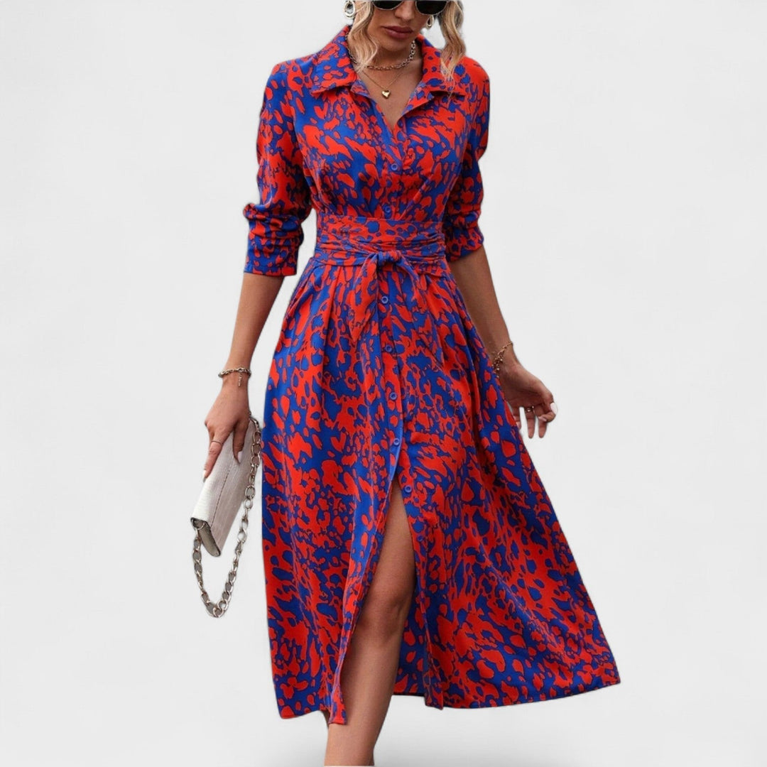 Vestido Bianca – Estilo Animal Print Azul y Rojo