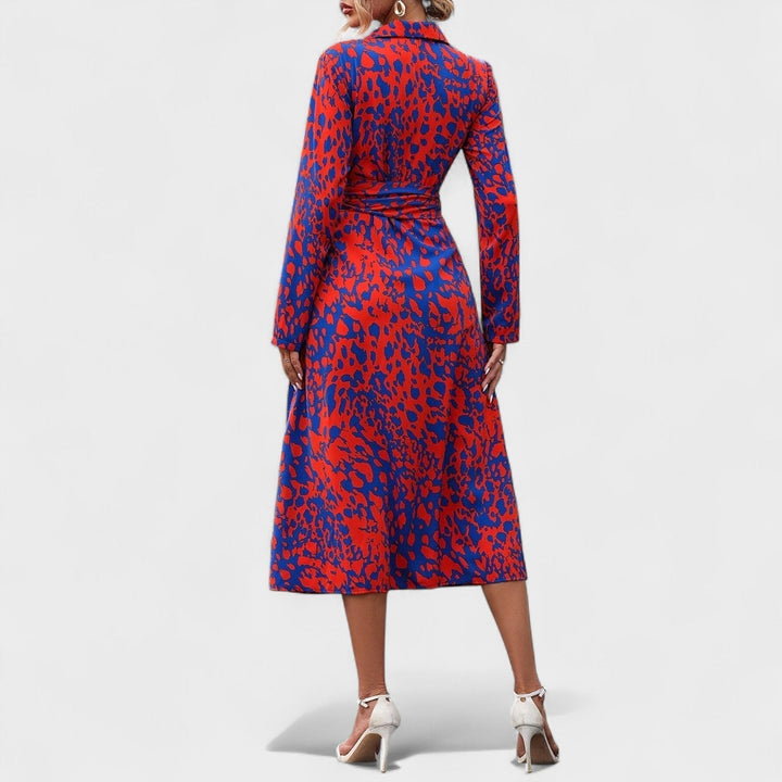 Vestido Bianca – Estilo Animal Print Azul y Rojo