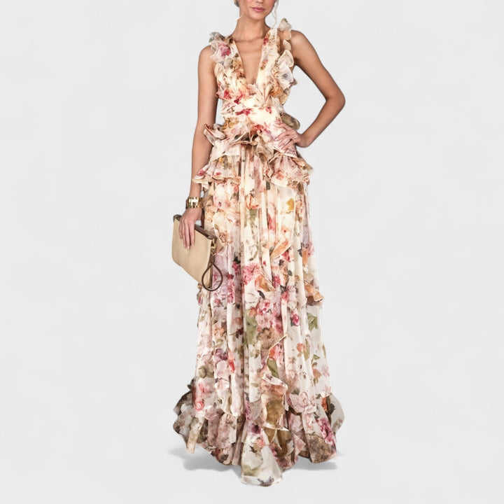 Isabela | Vestido largo con volantes florales