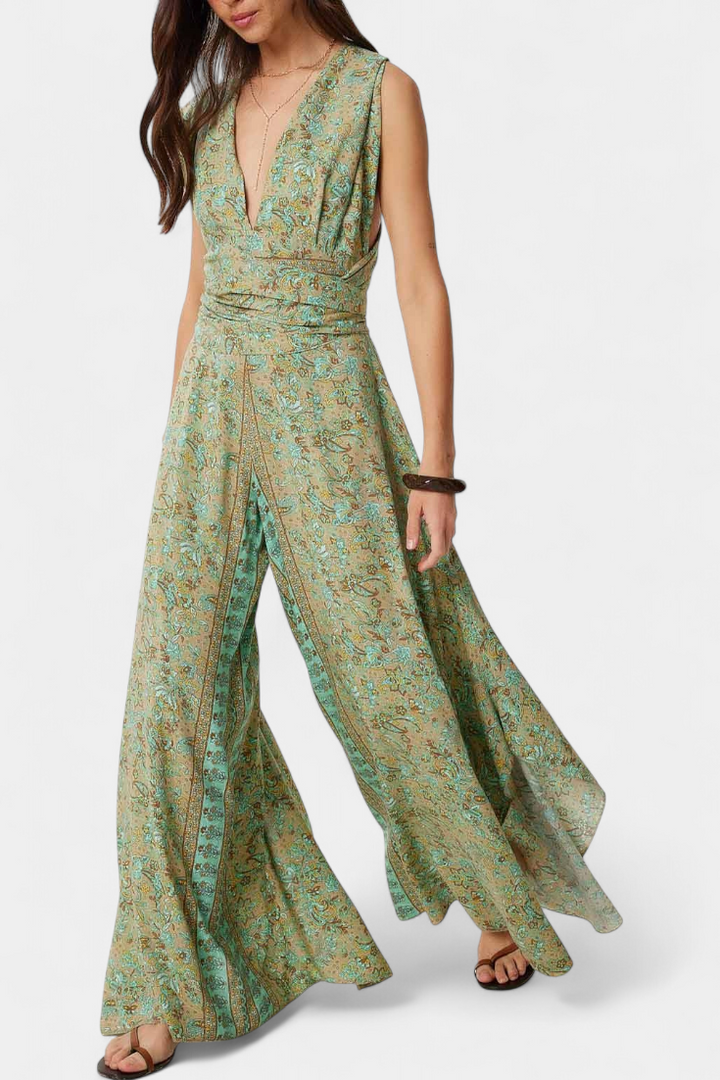 Leandra | Mono Fluido Cruzado con Estampado Floral Verde