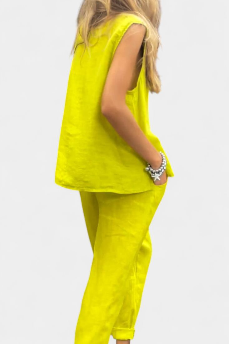 Leona | Conjunto de Chaleco y Pantalón Sin Mangas en Algodón Lino