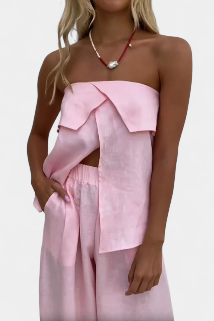 Oriana | Conjunto Strapless con Falda de Abertura en Color Liso