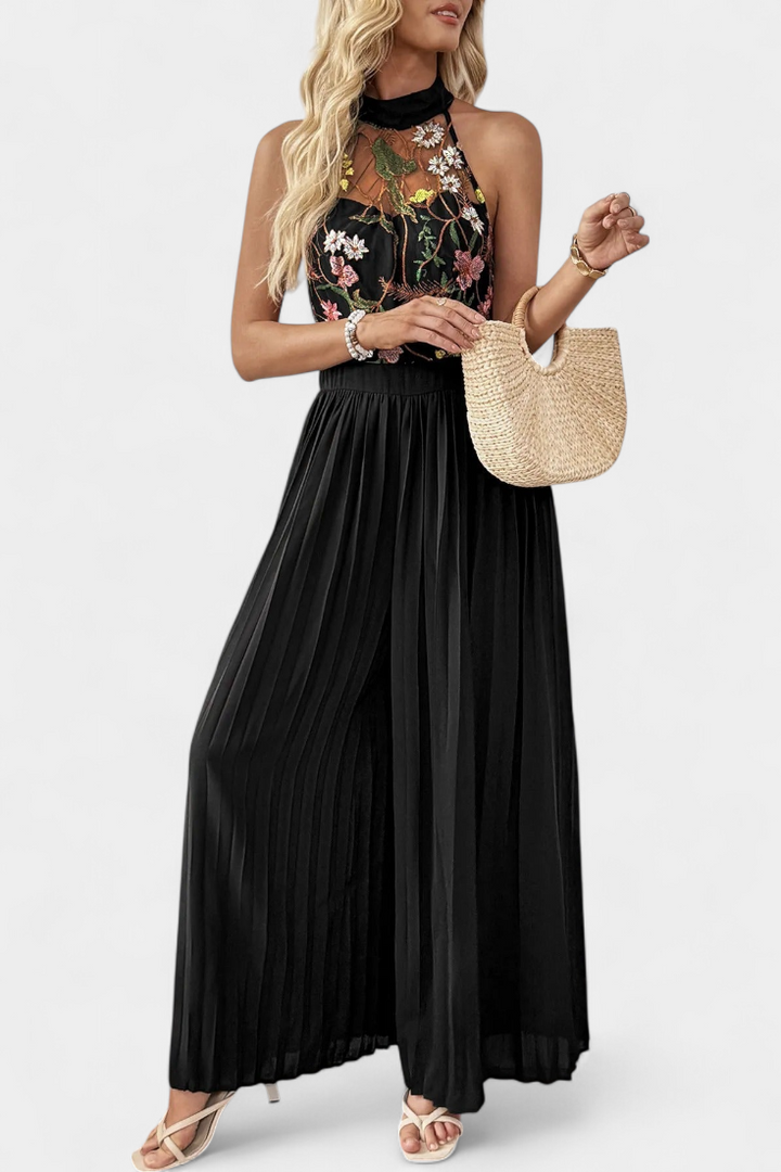 Maruja | Mono Palazzo con Bordado Floral y Encaje Transparente