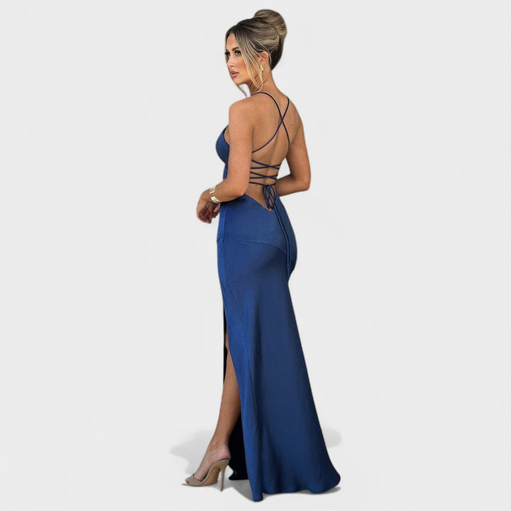 Elena - Vestido de raso cruzado azul medianoche