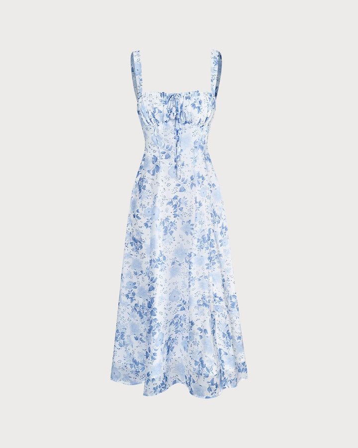 Renata | El vestido midi azul con estampado floral, escote cuadrado y fruncido