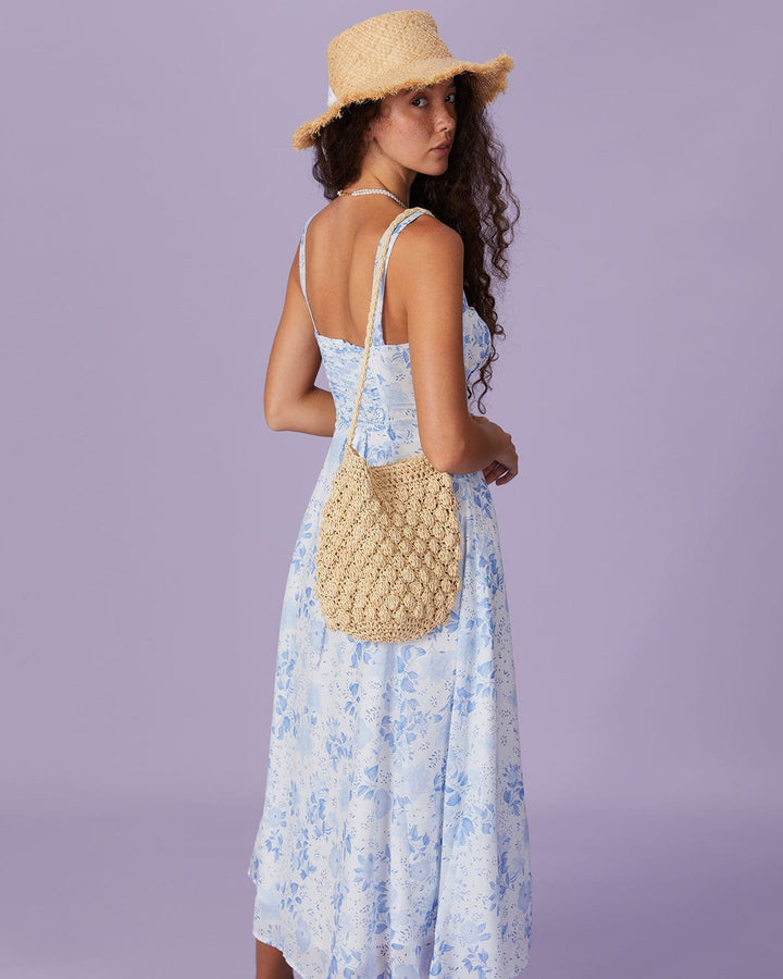 Renata | El vestido midi azul con estampado floral, escote cuadrado y fruncido