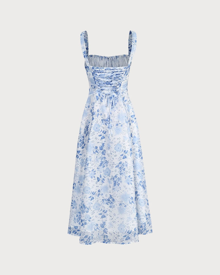 Renata | El vestido midi azul con estampado floral, escote cuadrado y fruncido