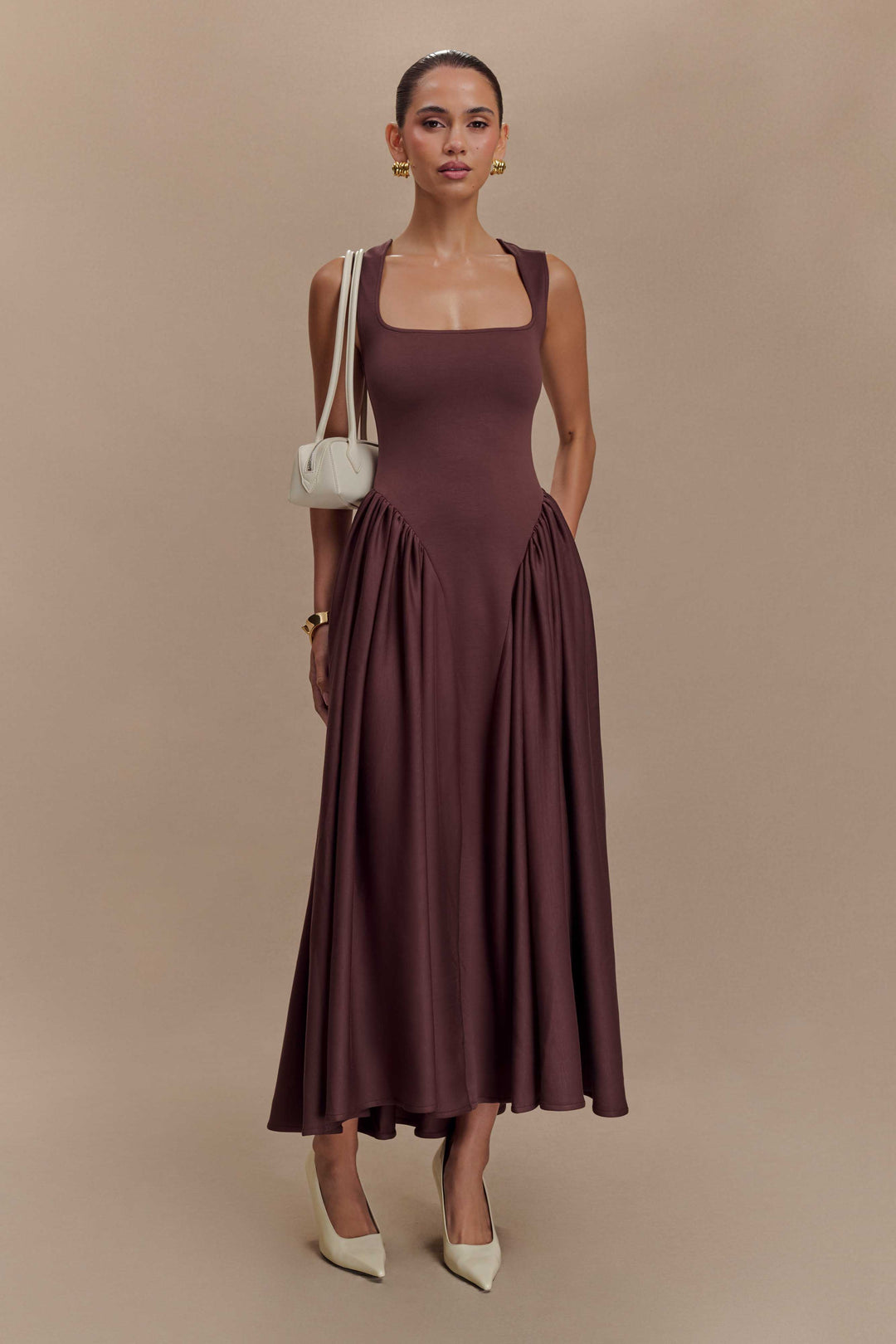 Sharon |Vestido midi de punto en espagueti - Castaño caoba