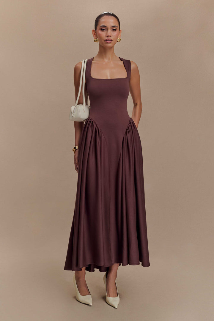 Sharon |Vestido midi de punto en espagueti - Castaño caoba