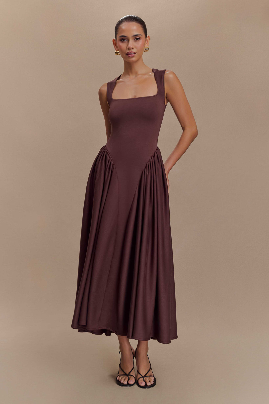 Sharon |Vestido midi de punto en espagueti - Castaño caoba