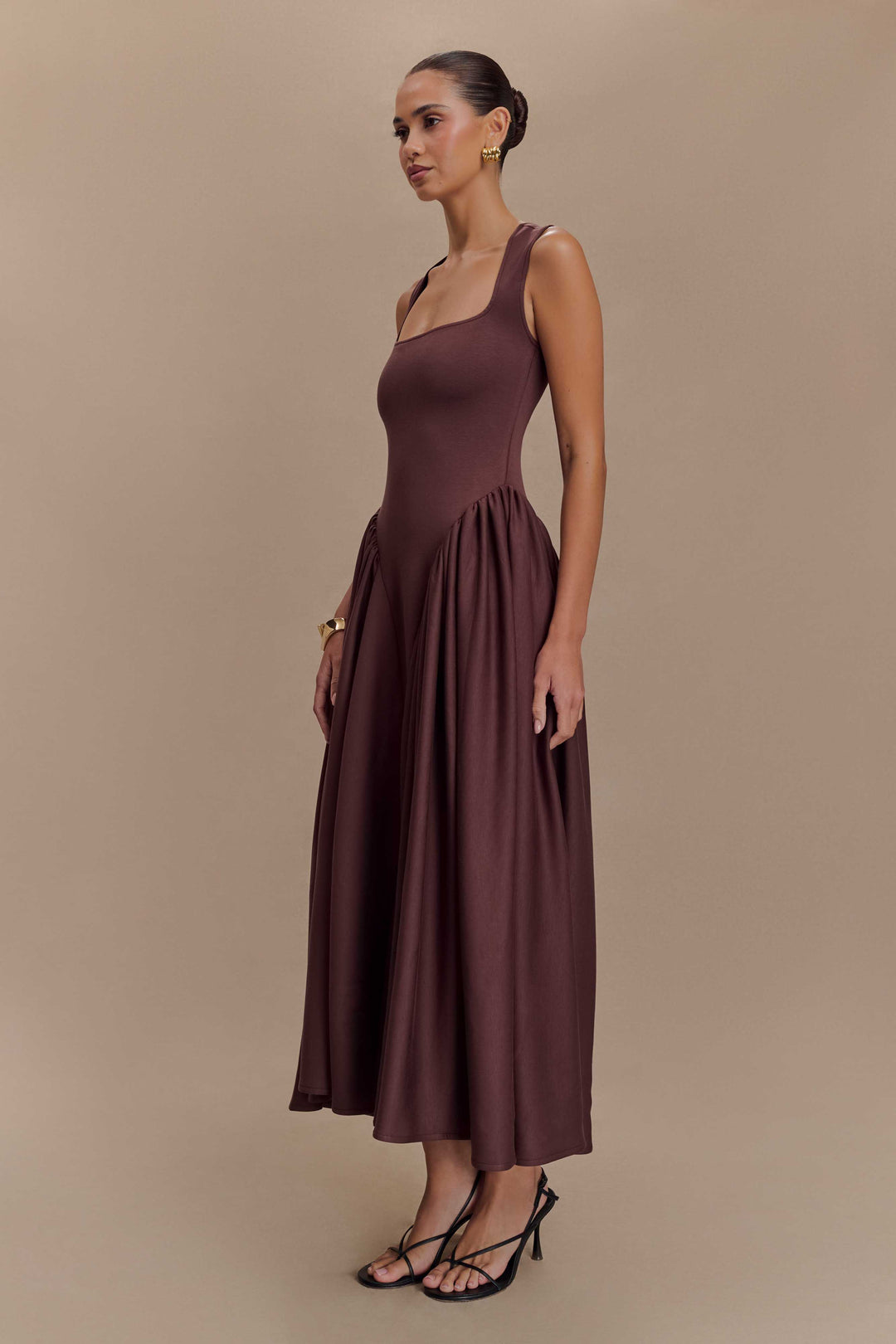 Sharon |Vestido midi de punto en espagueti - Castaño caoba