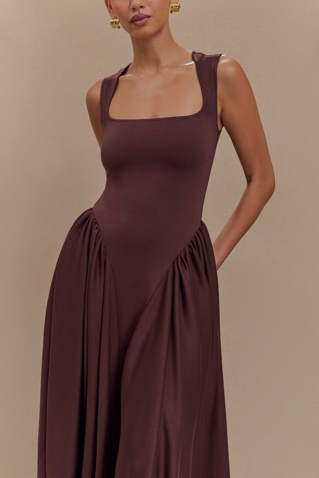 Sharon |Vestido midi de punto en espagueti - Castaño caoba