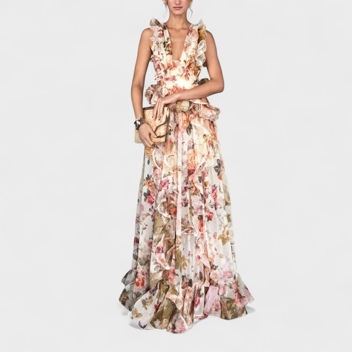 Isabela | Vestido largo con volantes florales