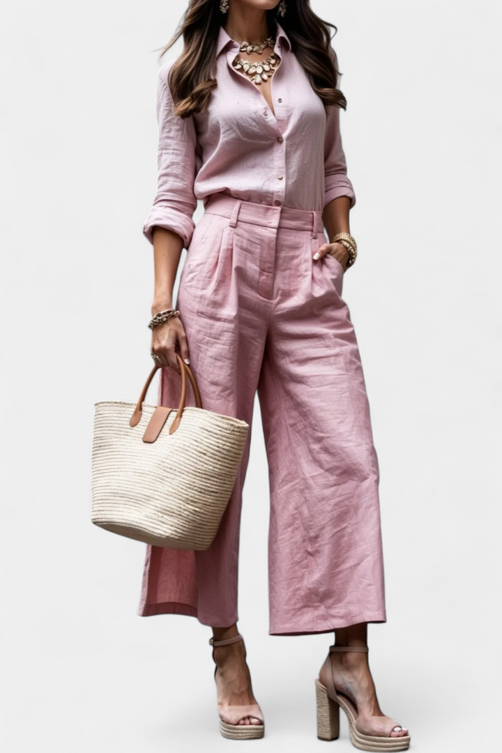 Sabrina | Conjunto Rosa de Camisa Suelta y Pantalones Capri